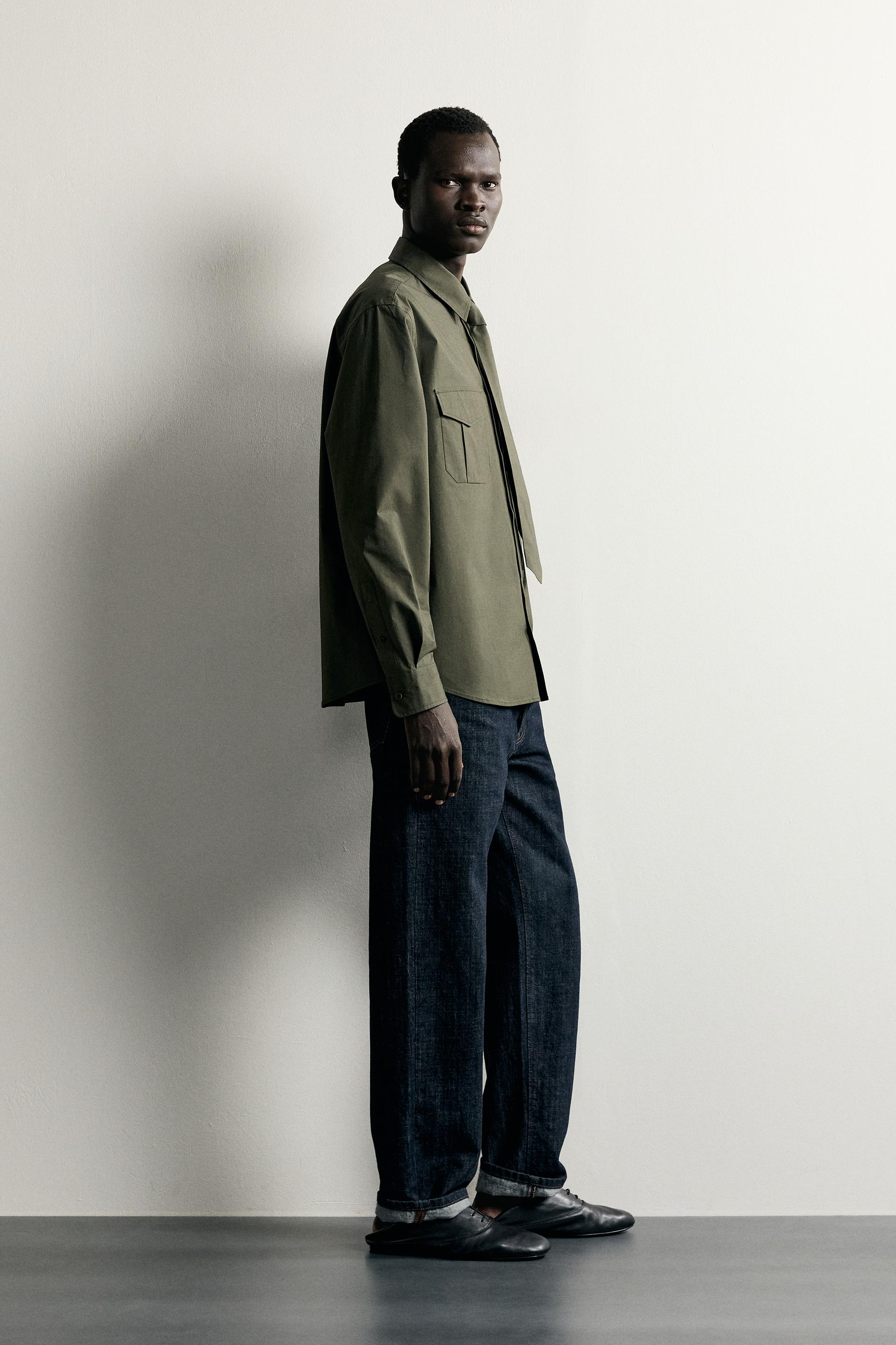 Zara Relaxed Poplin Tie Shirt — Olive