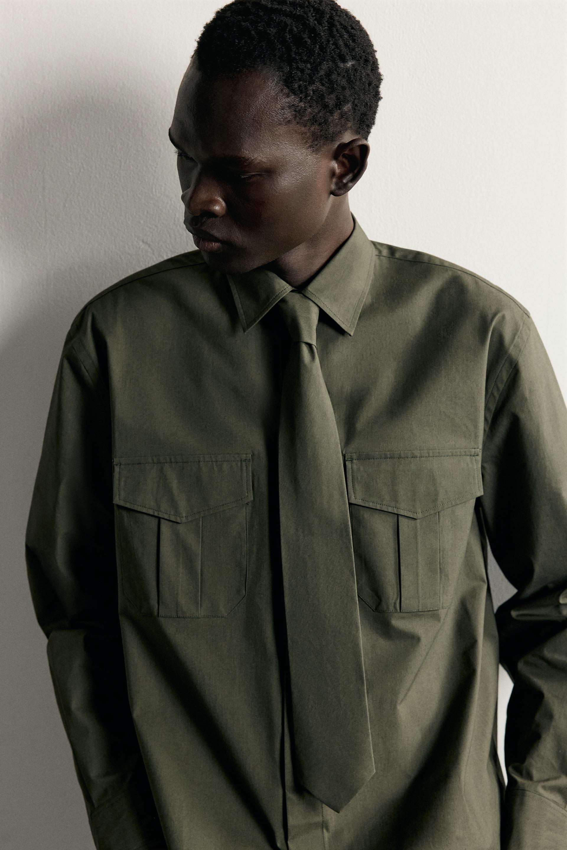Zara Relaxed Poplin Tie Shirt — Olive