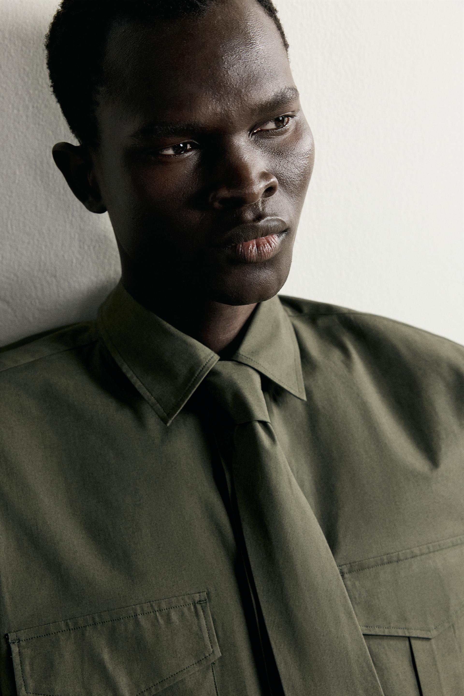 Zara Relaxed Poplin Tie Shirt — Olive