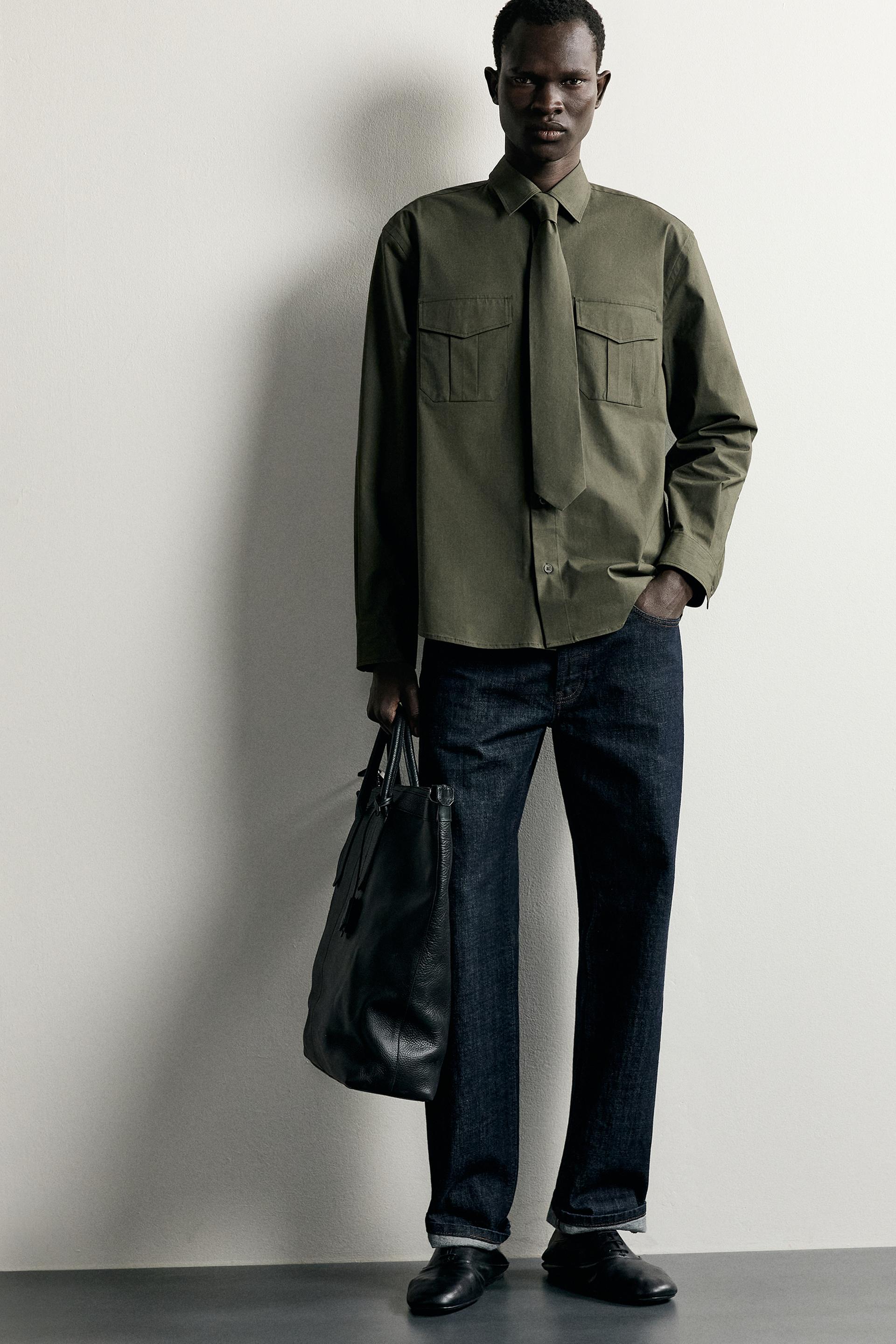 Zara Relaxed Poplin Tie Shirt — Olive