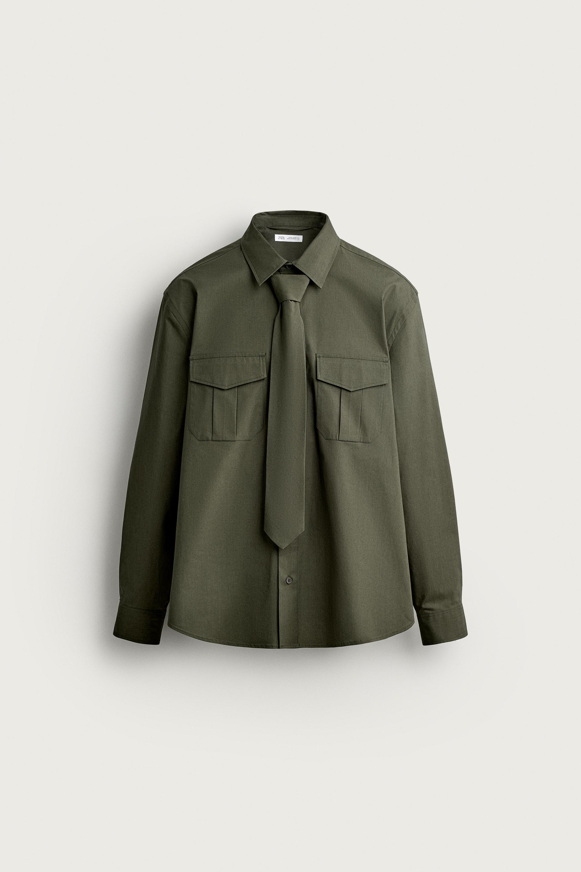 Zara Relaxed Poplin Tie Shirt — Olive