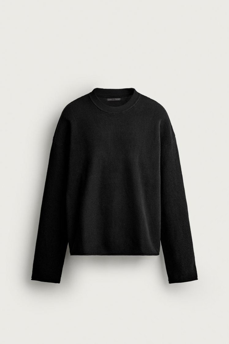 Zara Waffle Knit Relaxed Sweater — Black
