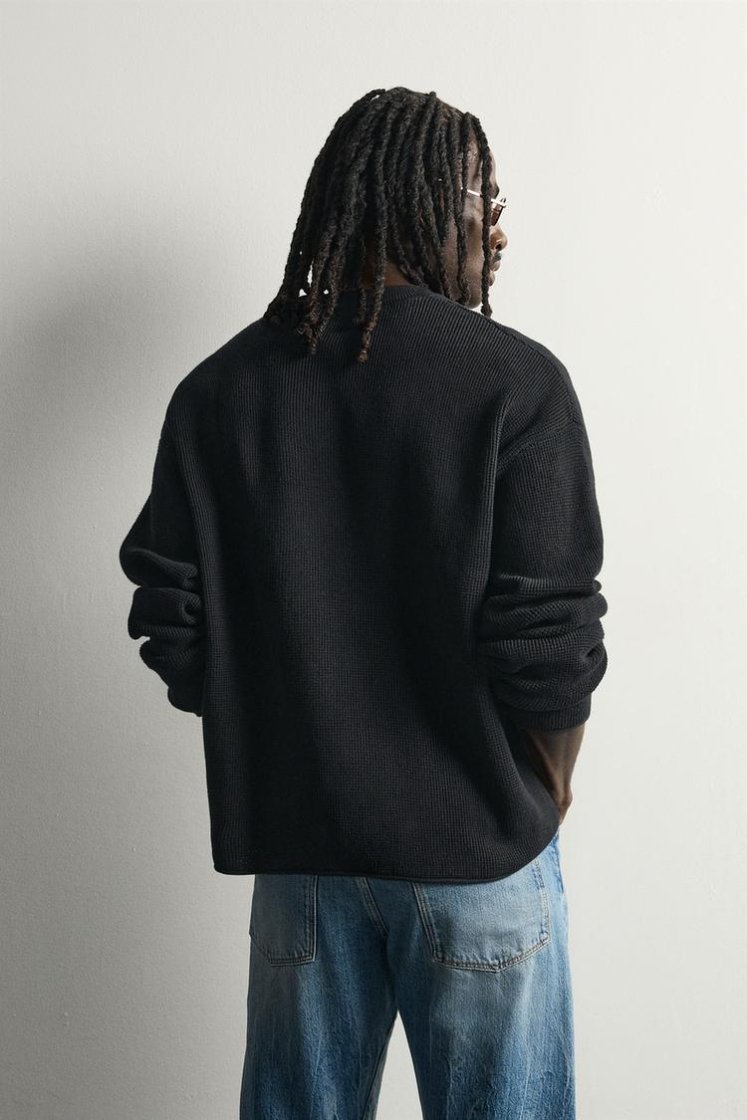 Zara Waffle Knit Relaxed Sweater — Black