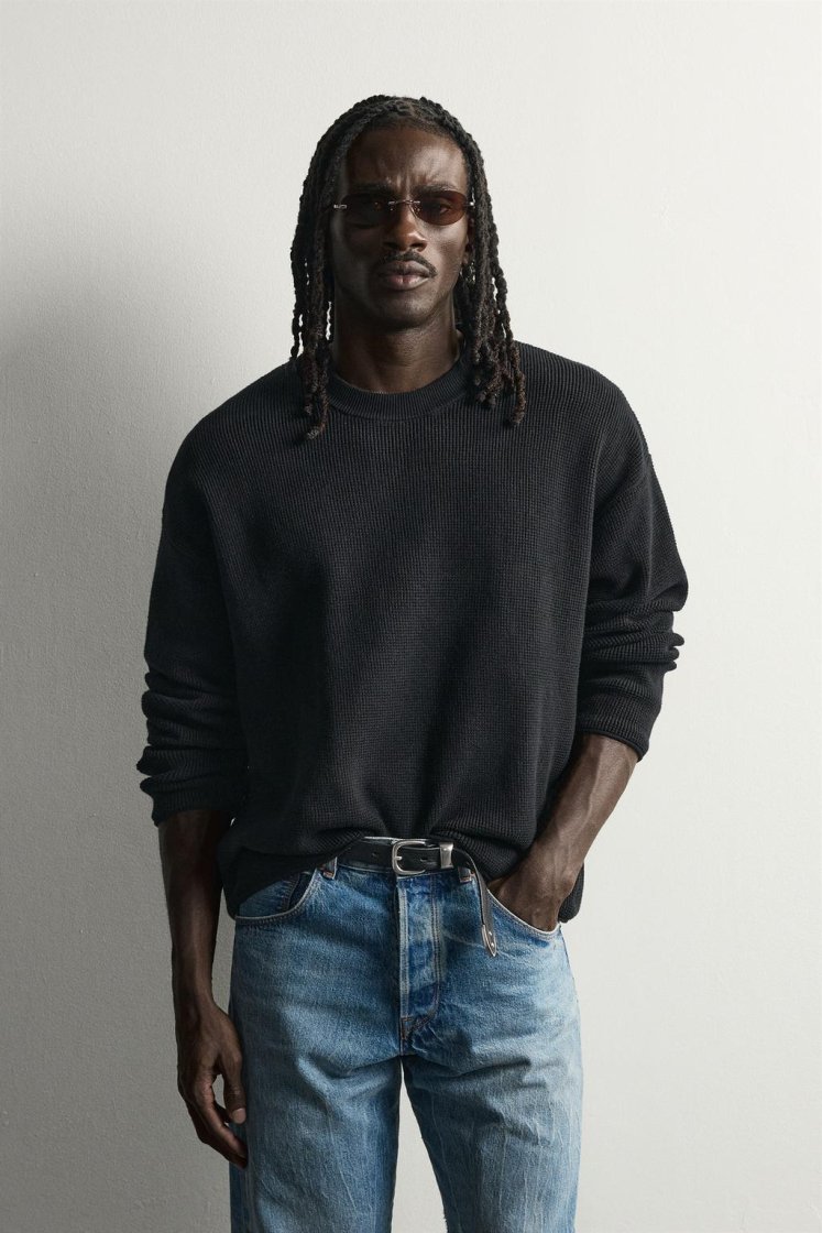 Zara Waffle Knit Relaxed Sweater — Black
