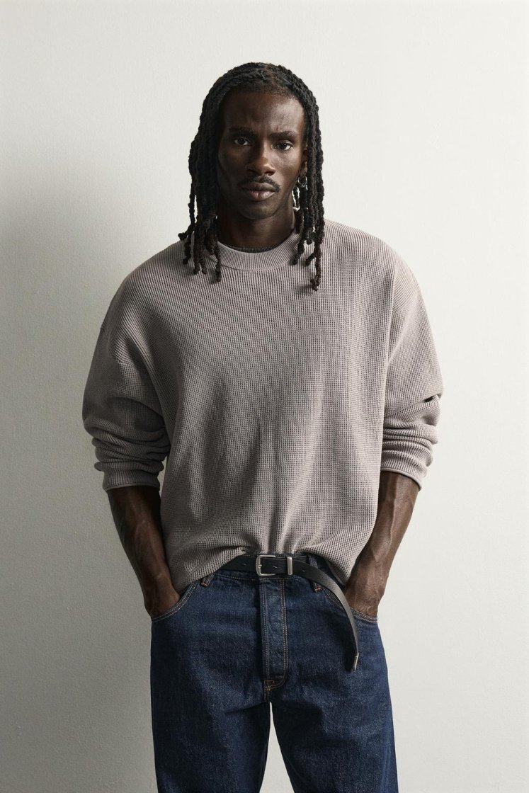 Zara Waffle Knit Relaxed Sweater — Grey