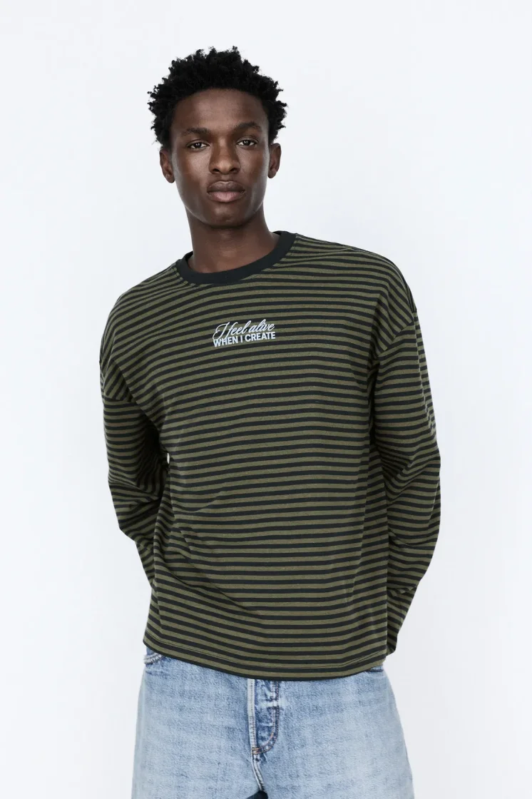 Pull&Bear Striped Long Sleeve T-Shirt — Olive