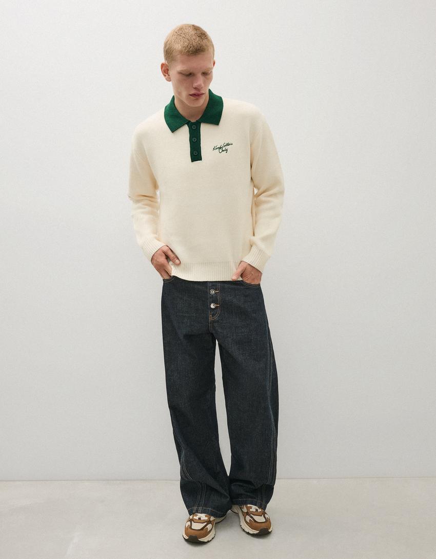 Bershka Contrast Polo Knit Sweater — Blanc cassé