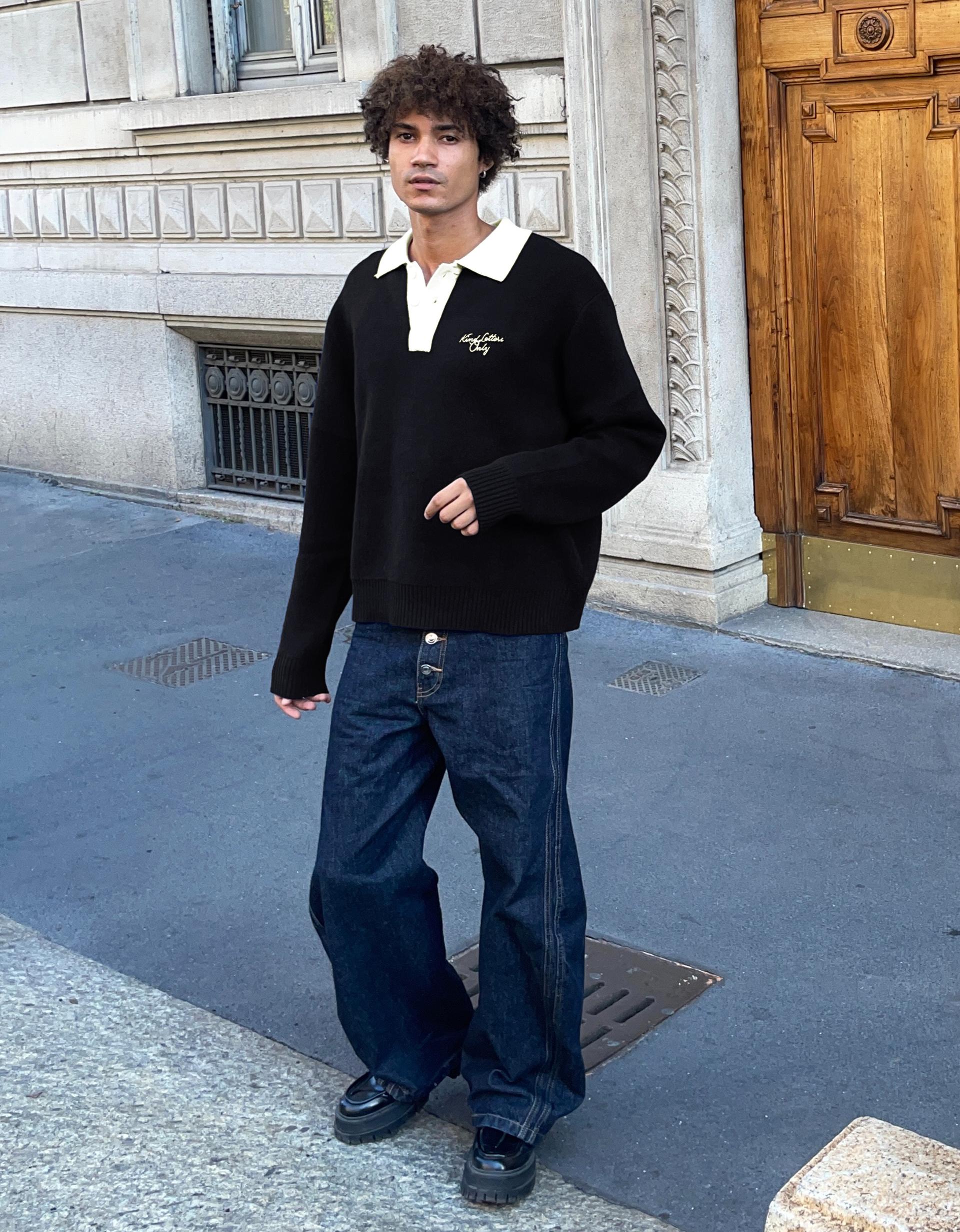 Bershka Contrast Polo Knit Sweater — Marine