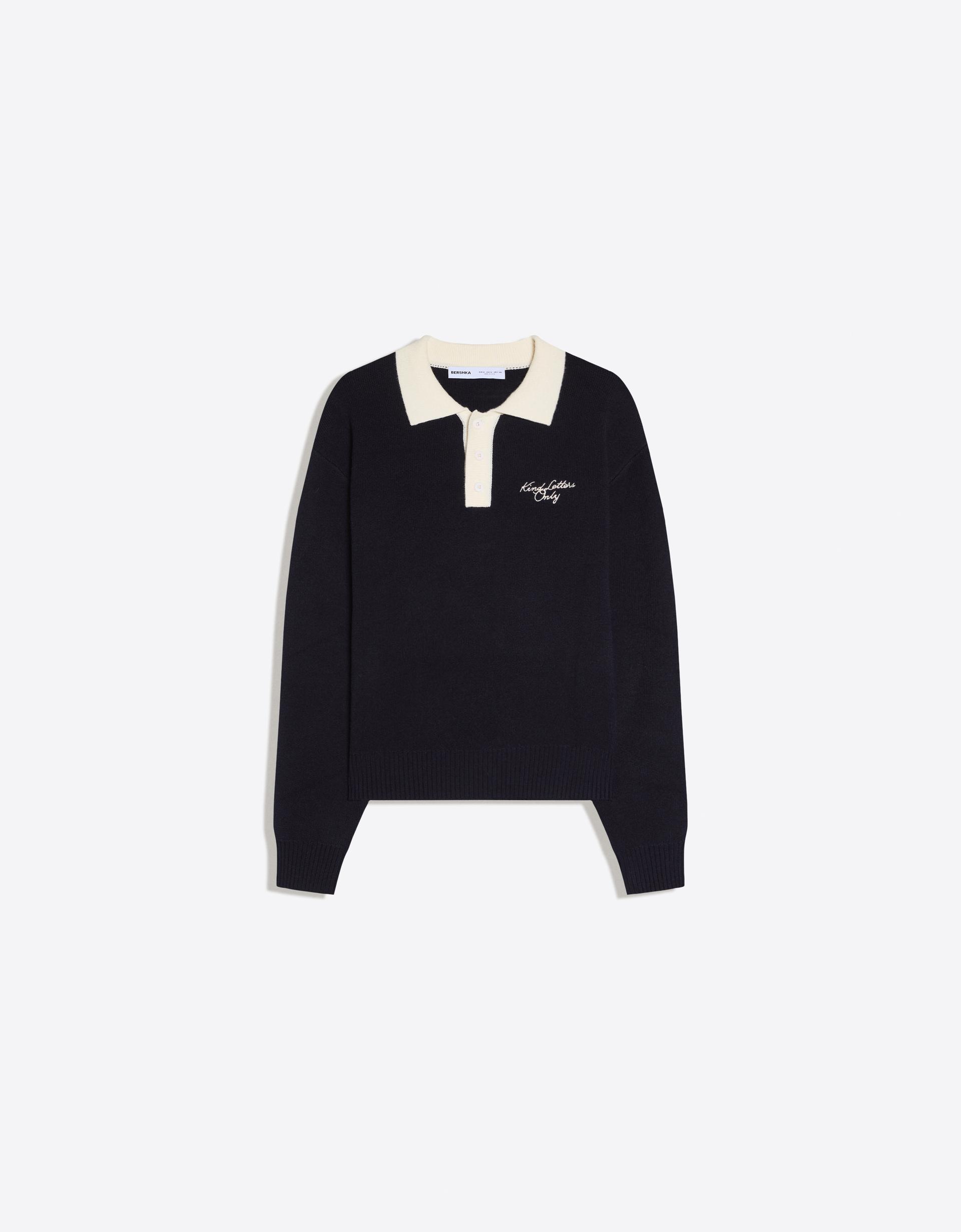 Bershka Contrast Polo Knit Sweater — Marine