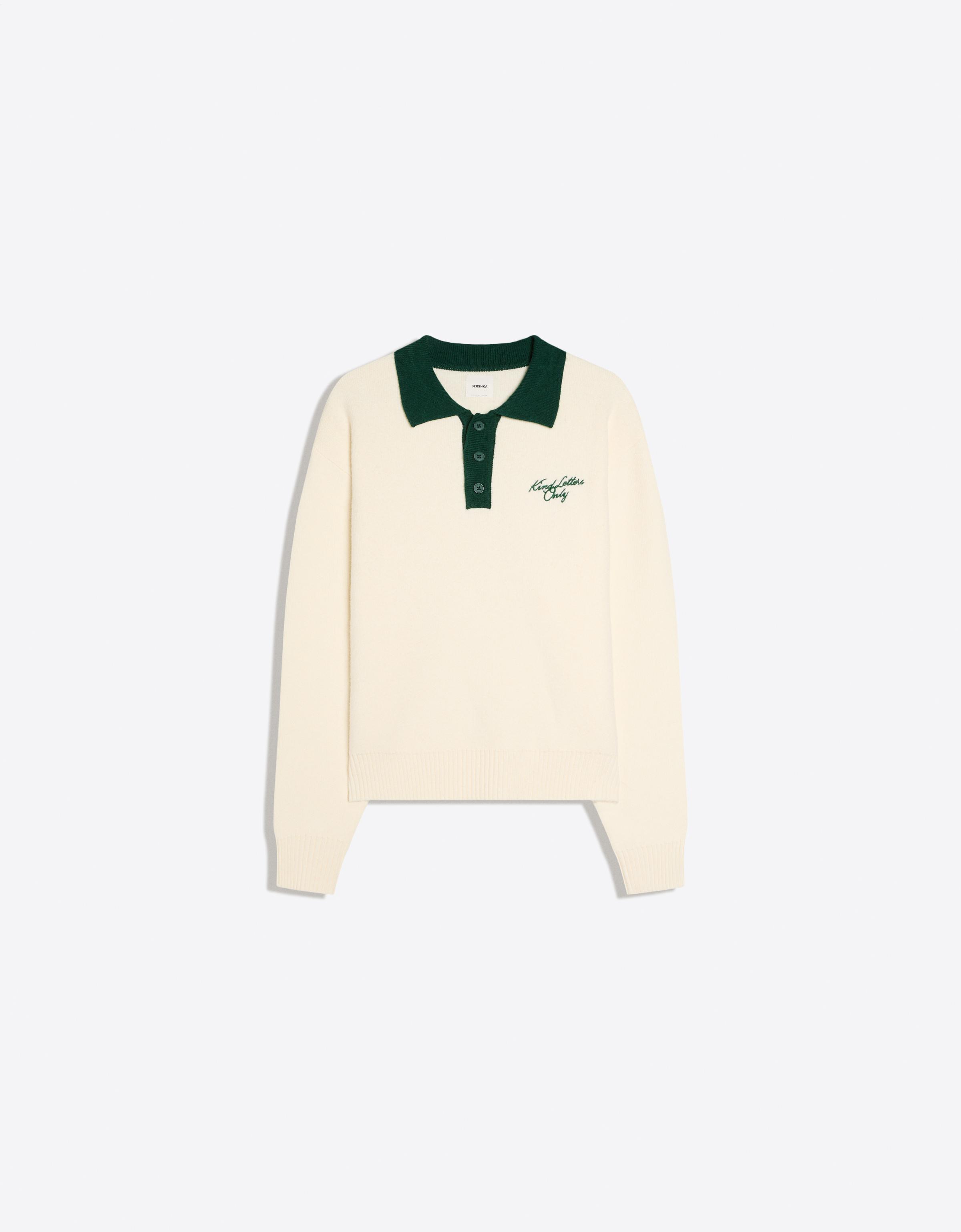 Bershka Contrast Polo Knit Sweater — Blanc cassé