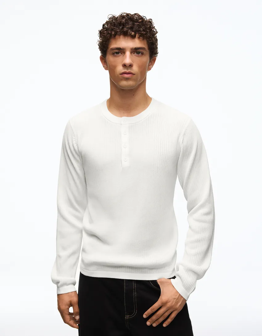 Bershka Tunisian Collar Knit Sweater — Blanc