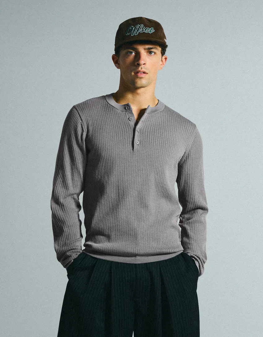 Bershka Tunisian Collar Knit Sweater — Gris