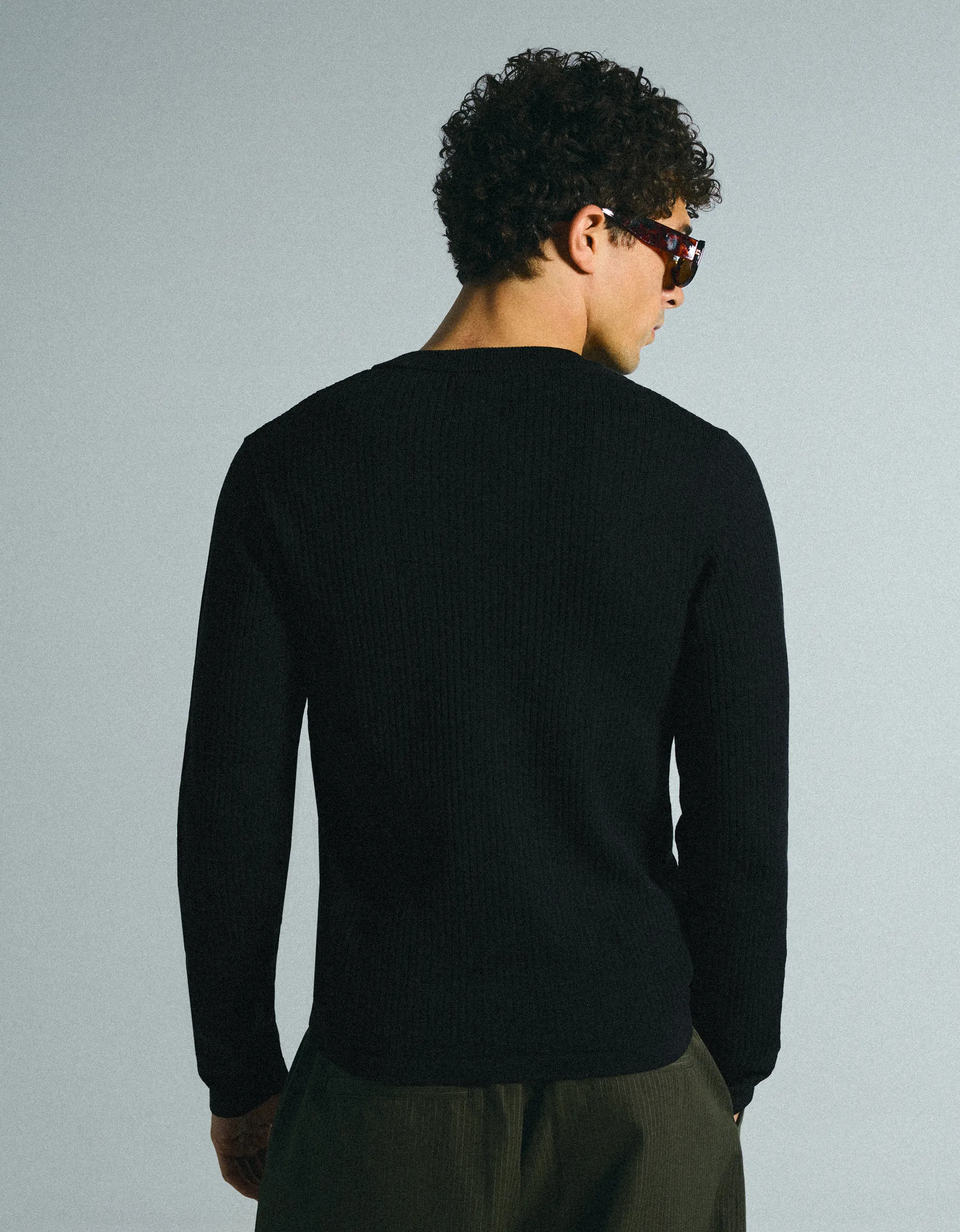 Bershka Tunisian Collar Knit Sweater — Noir