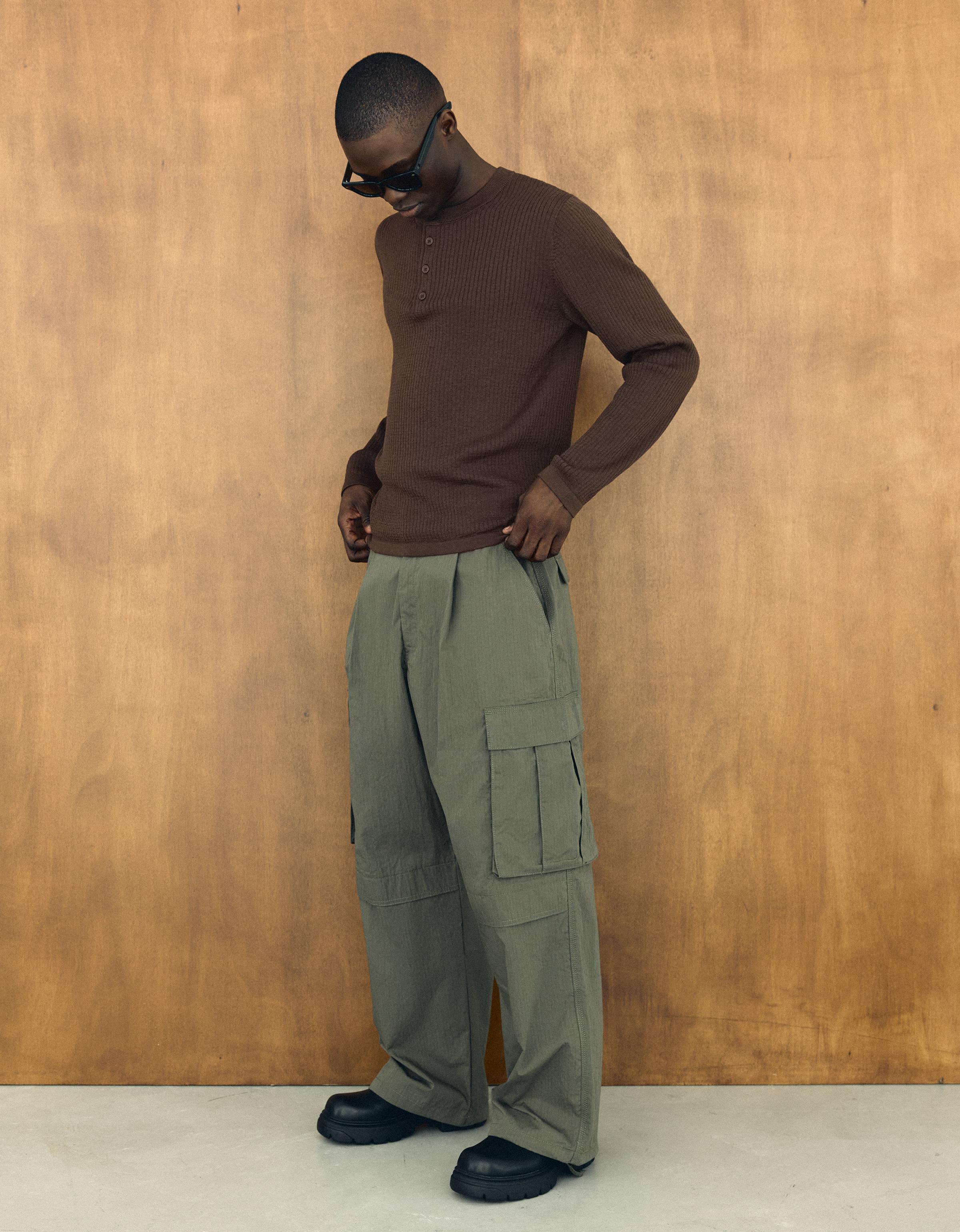 Bershka Tunisian Collar Knit Sweater — Marron