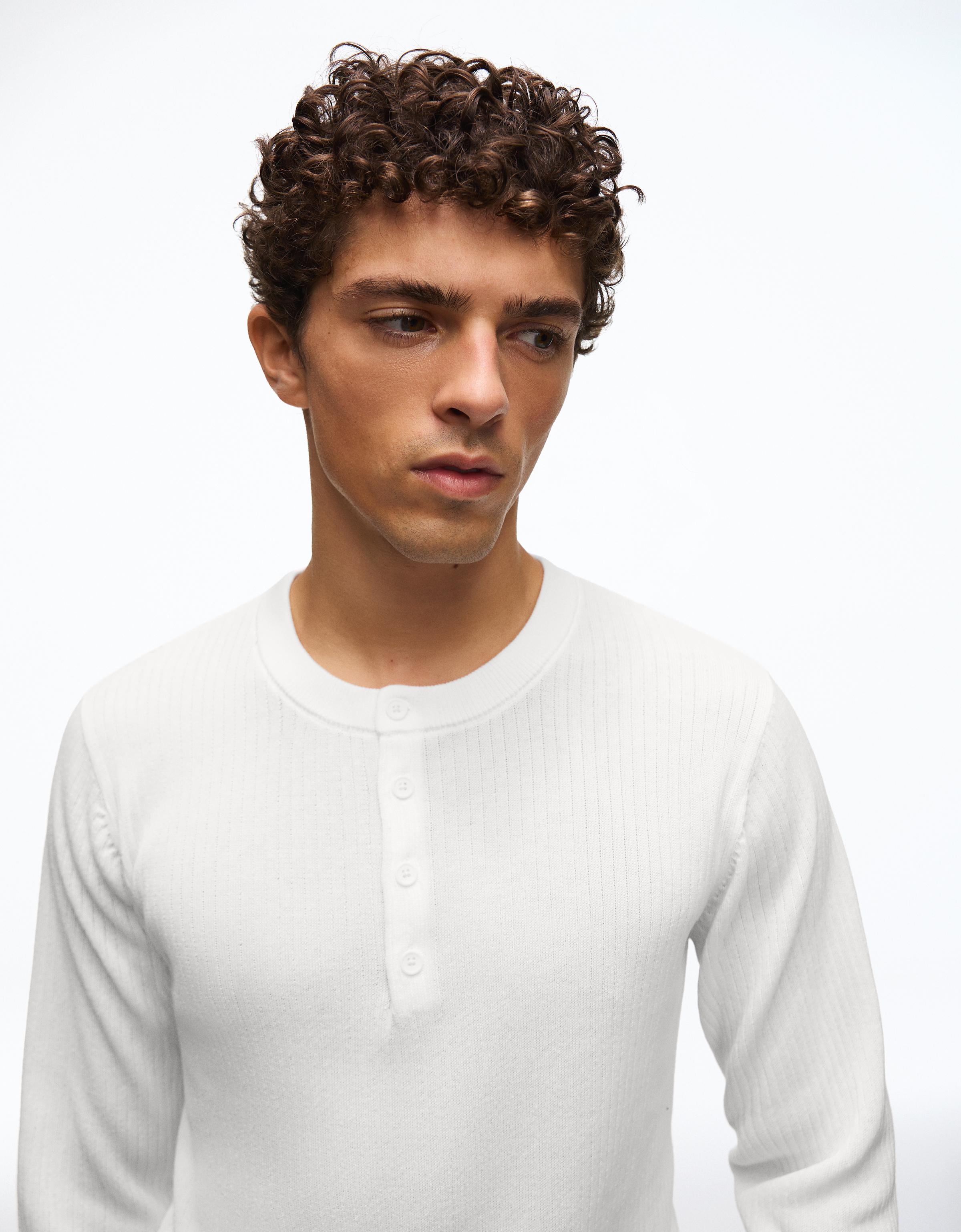 Bershka Tunisian Collar Knit Sweater — Blanc