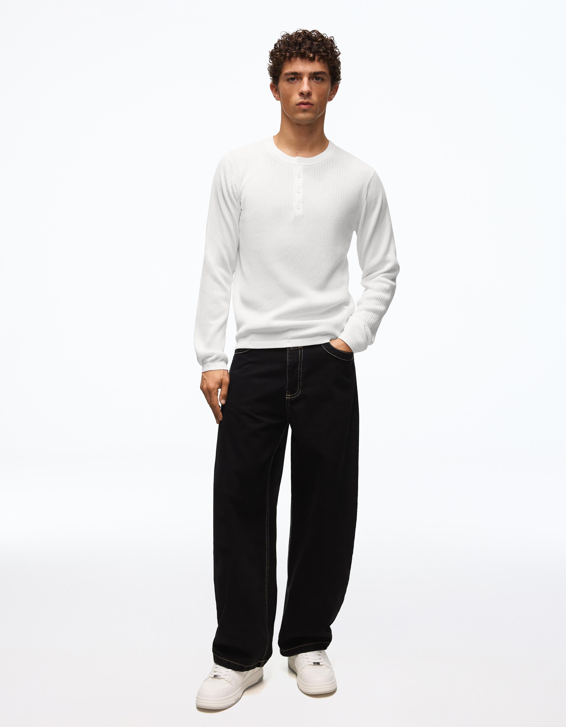 Bershka Tunisian Collar Knit Sweater — Blanc