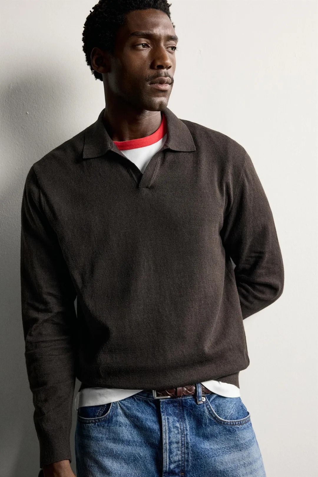 Zara Knit Polo Collar Sweater — Dark Brown