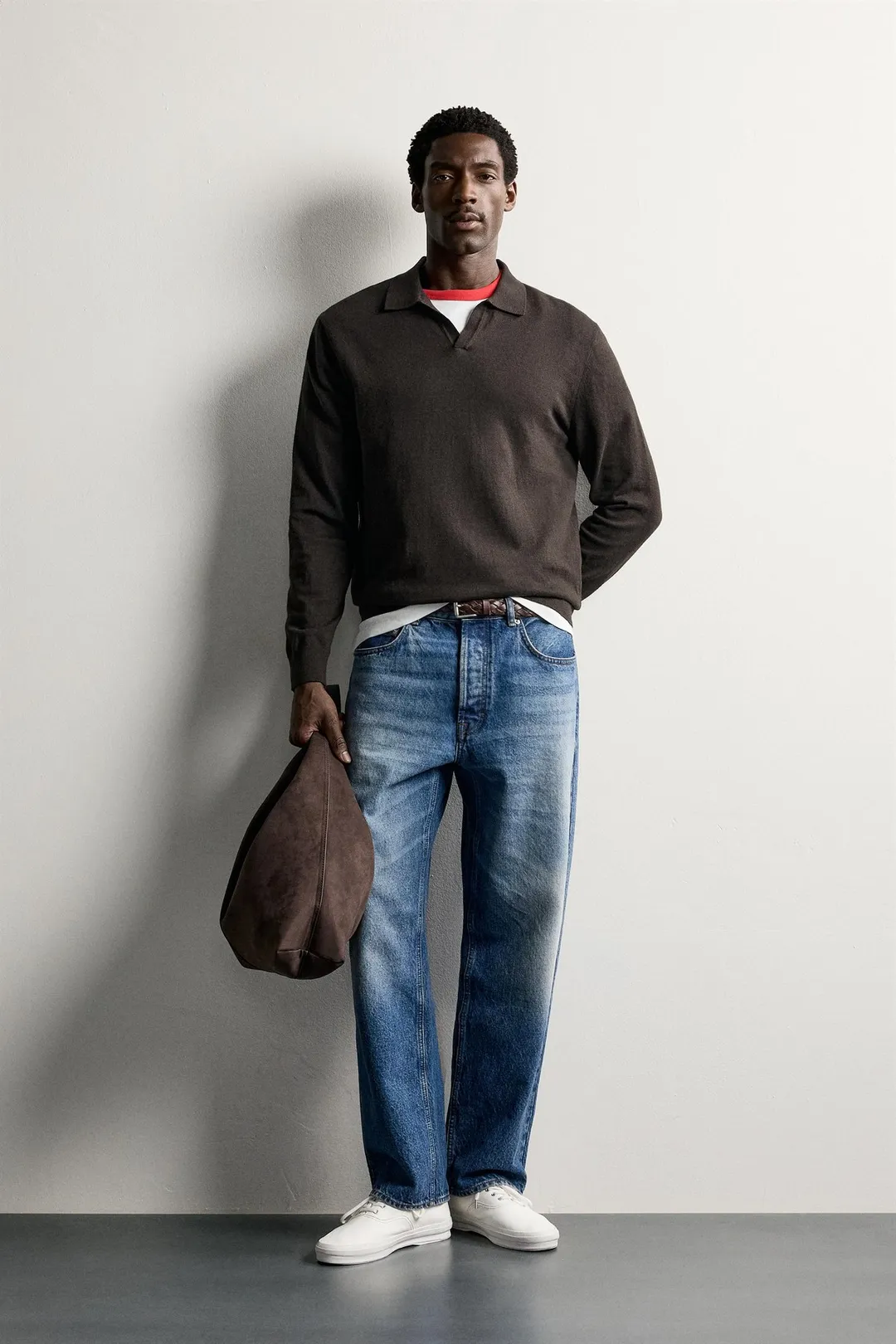 Zara Knit Polo Collar Sweater — Dark Brown