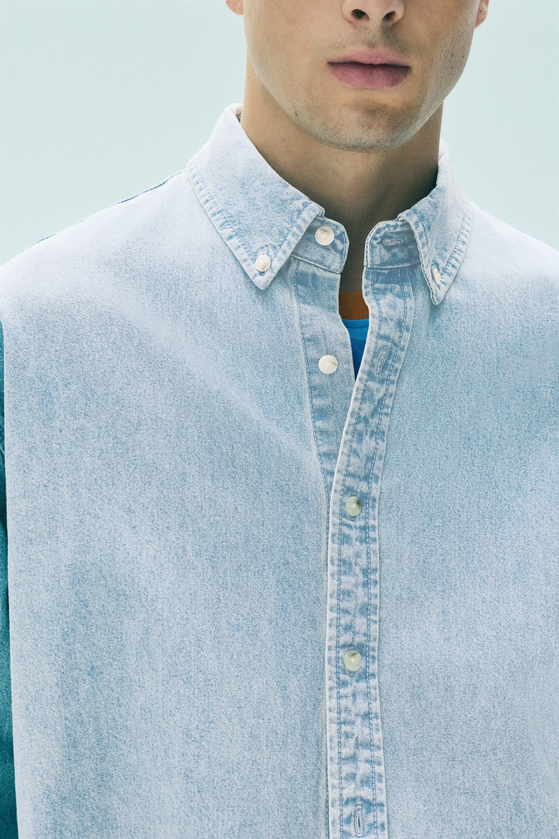 Pull&Bear Denim Shirt Long Sleeve — Blue