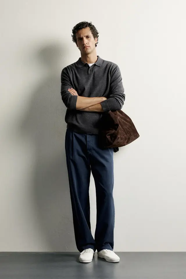 Long Sleeve Knit Polo Shirt — Charcoal
