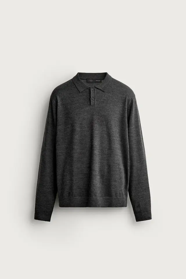 Long Sleeve Knit Polo Shirt — Charcoal
