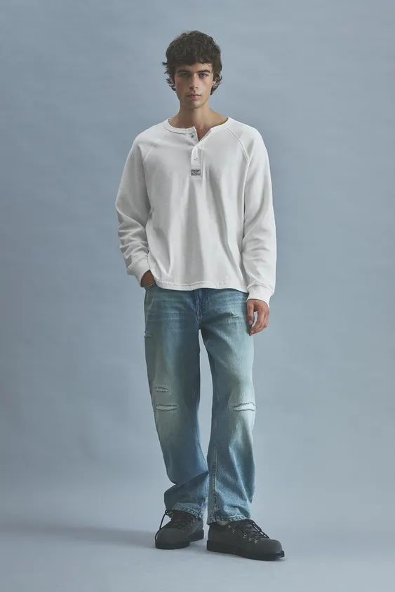 Navy Henley Long Sleeve T-Shirt — White