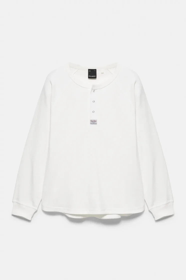 Navy Henley Long Sleeve T-Shirt — White