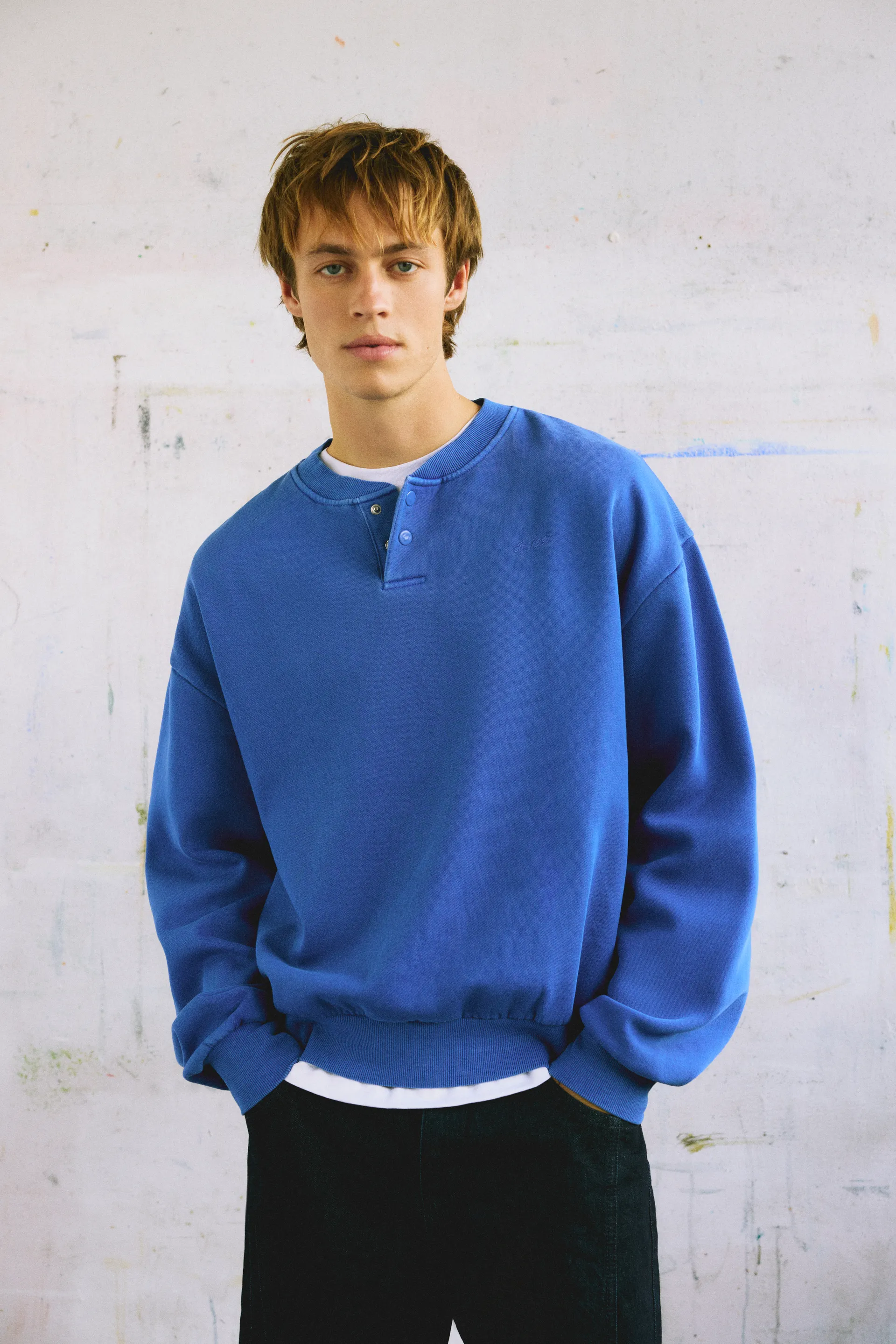 Pull&Bear Henley Button Sweatshirt — Blue