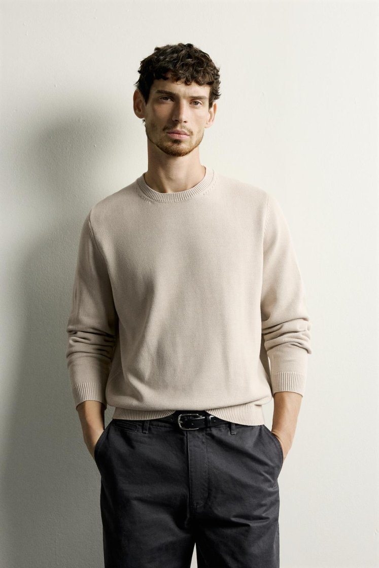 Zara Cotton Knit Regular Sweater — Sand