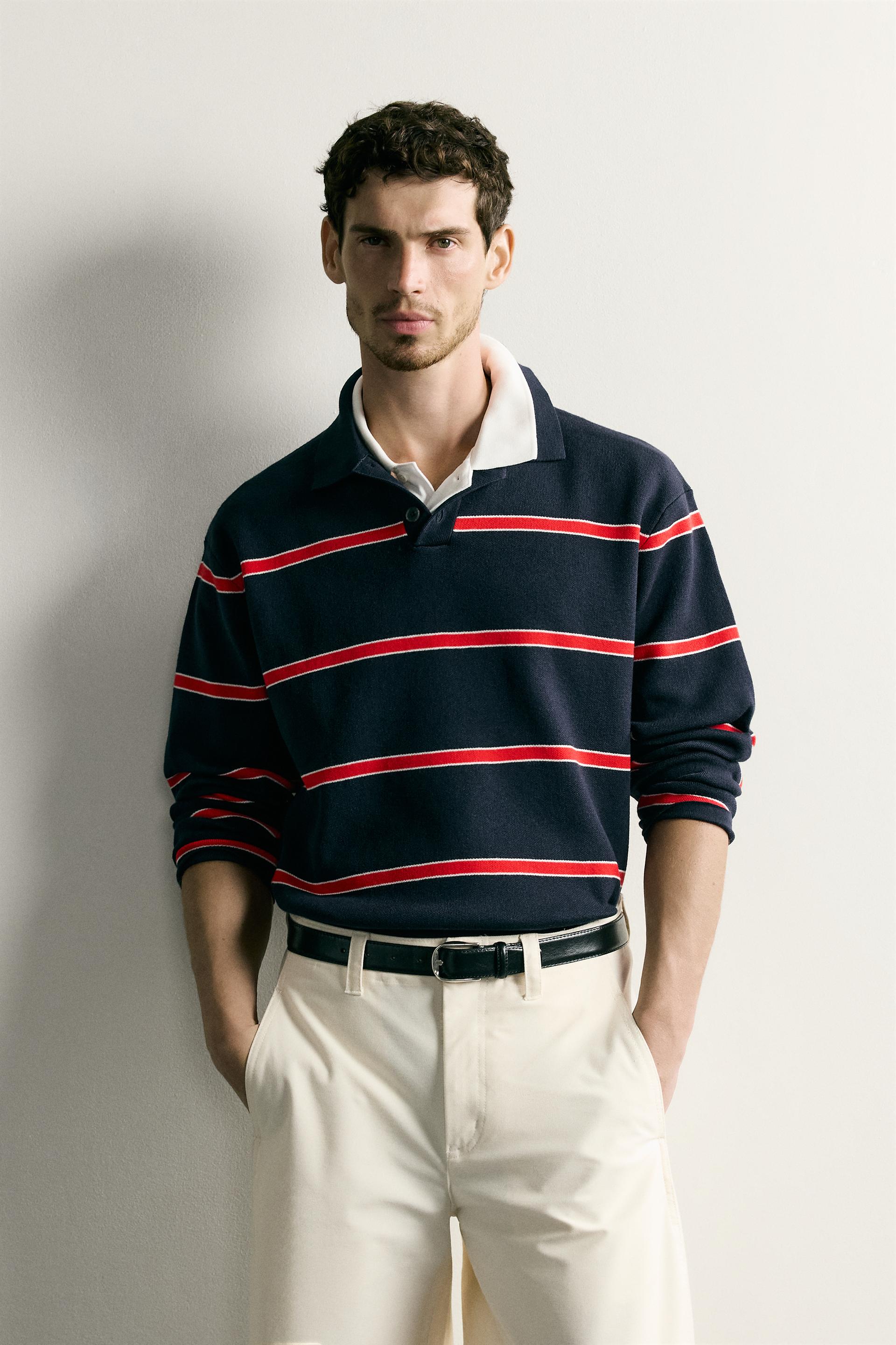 Zara Striped Soft-Knit Polo — blue / red