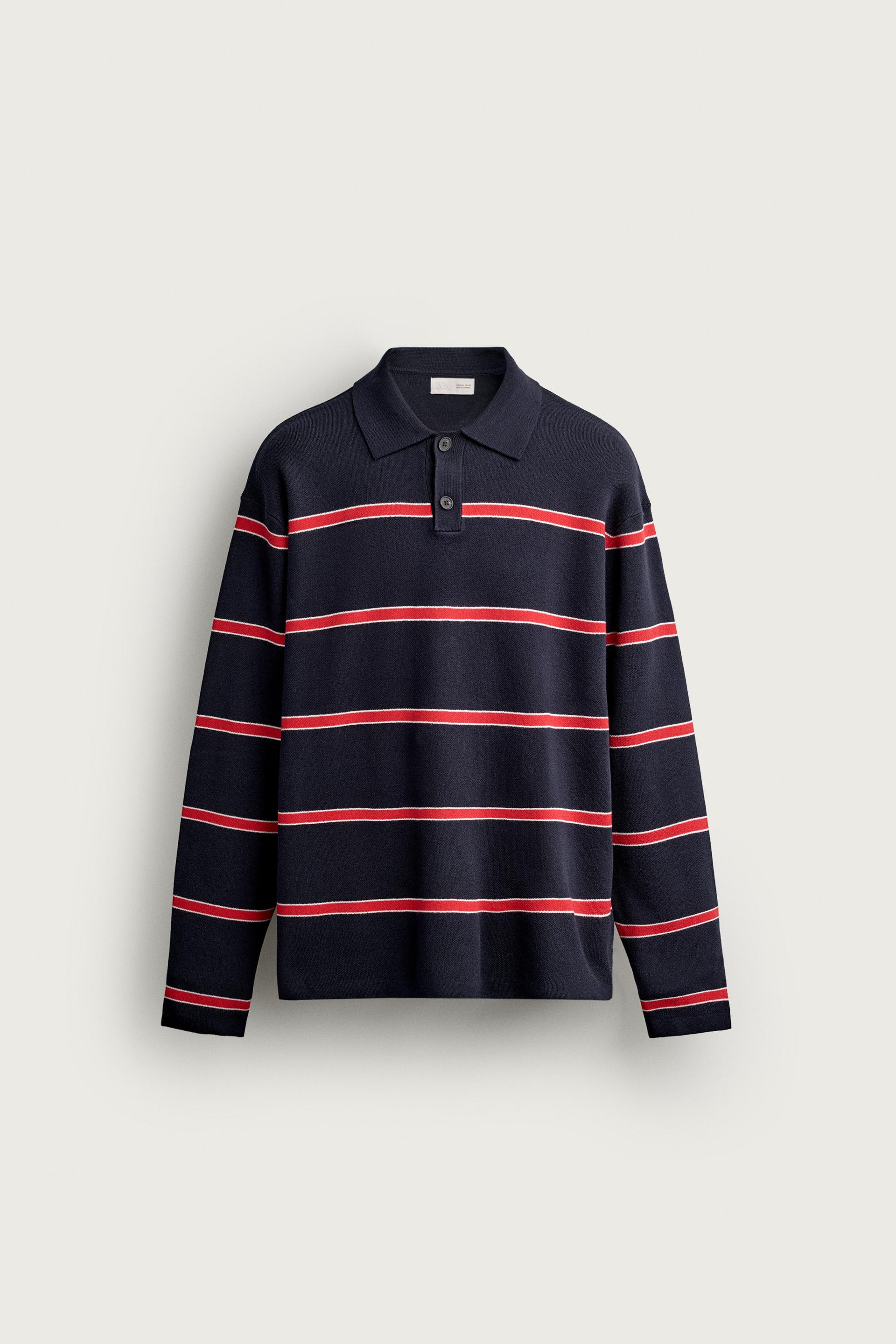 Zara Striped Soft-Knit Polo — blue / red