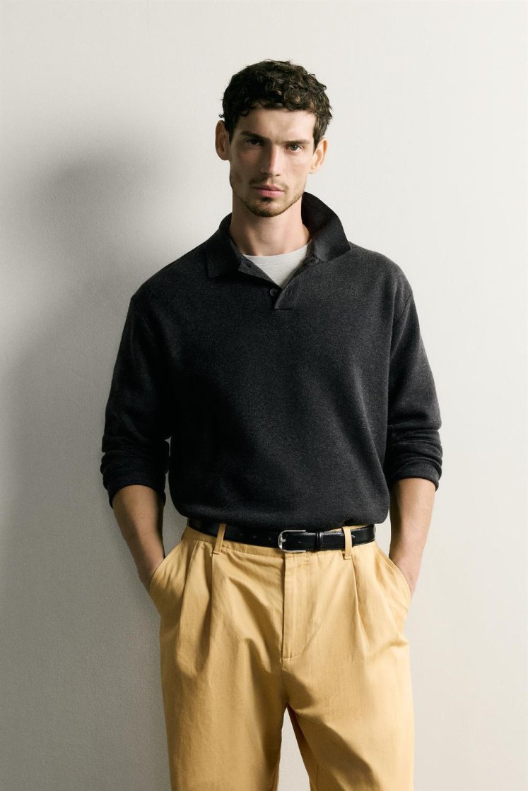 Zara Striped Soft-Knit Polo — Graphite