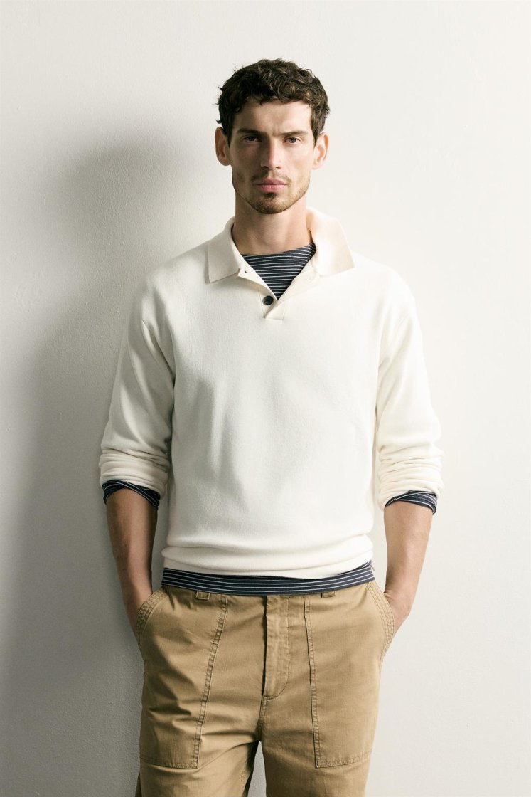 Zara Striped Soft-Knit Polo — Off White