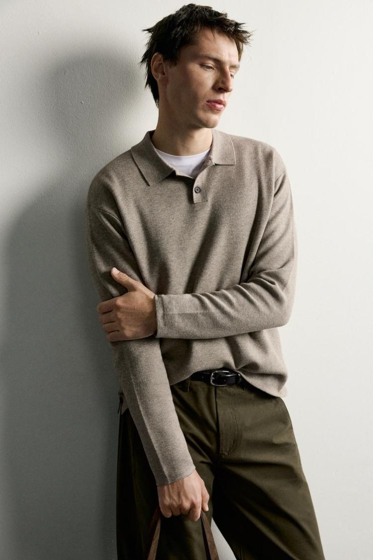 Zara Striped Soft-Knit Polo — Tan