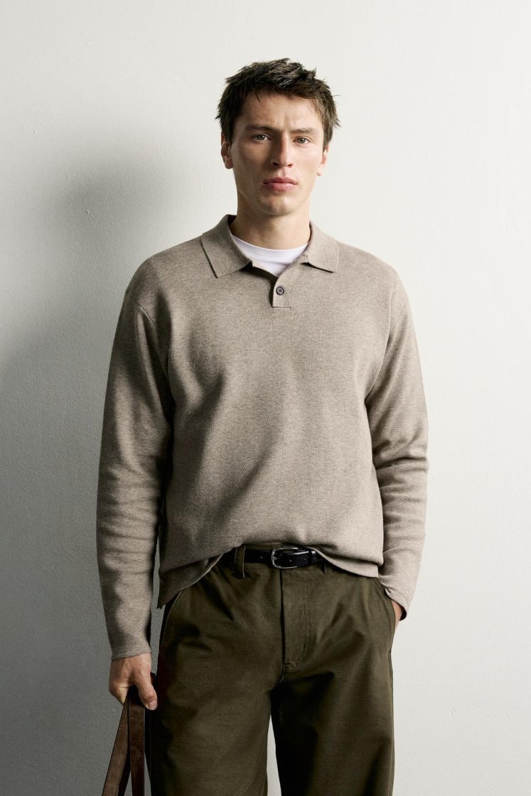 Zara Striped Soft-Knit Polo — Tan