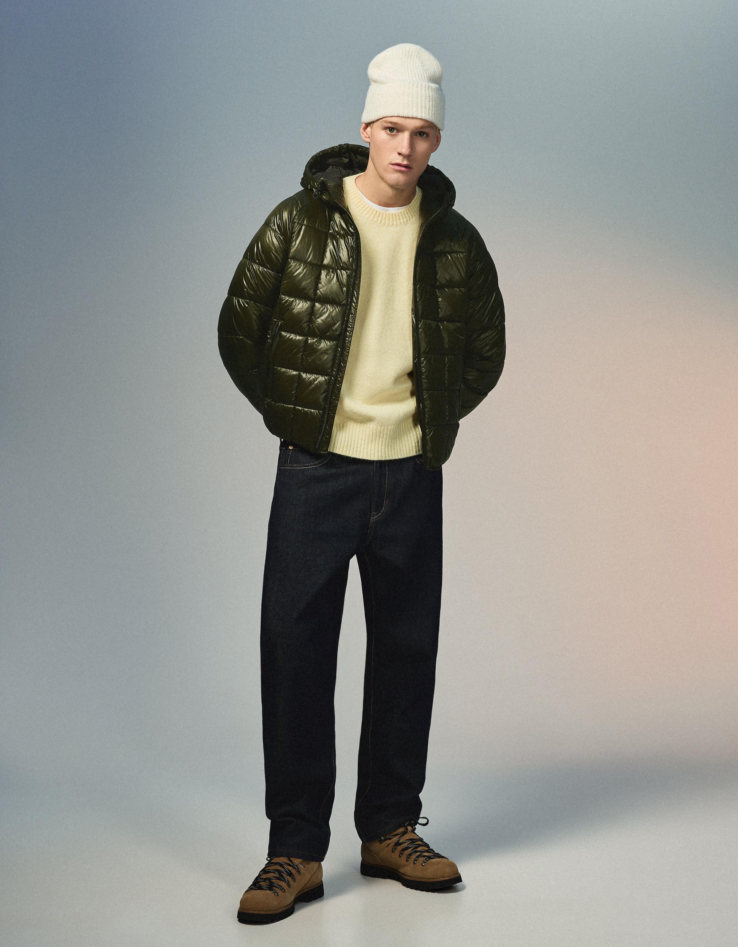 Bershka Blouson capuche matelassé quadrillé — Olive