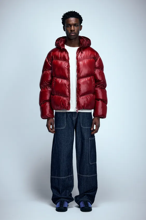 Pull&Bear Glossy Puffer Jacket — Dark Red