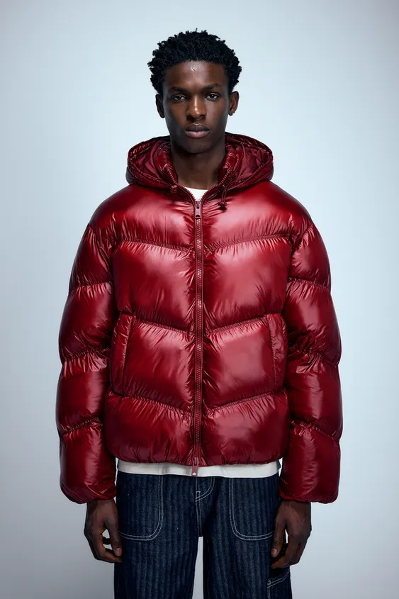 Pull&Bear Glossy Puffer Jacket — Dark Red