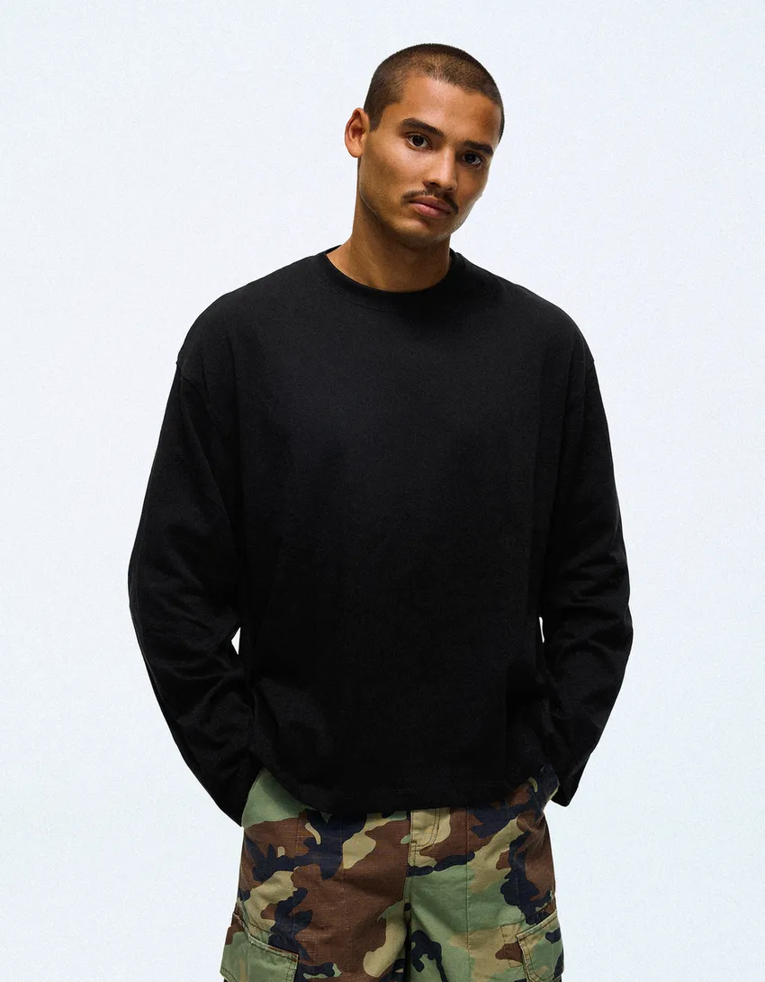 Bershka Boxy Long Sleeve Tee — Black
