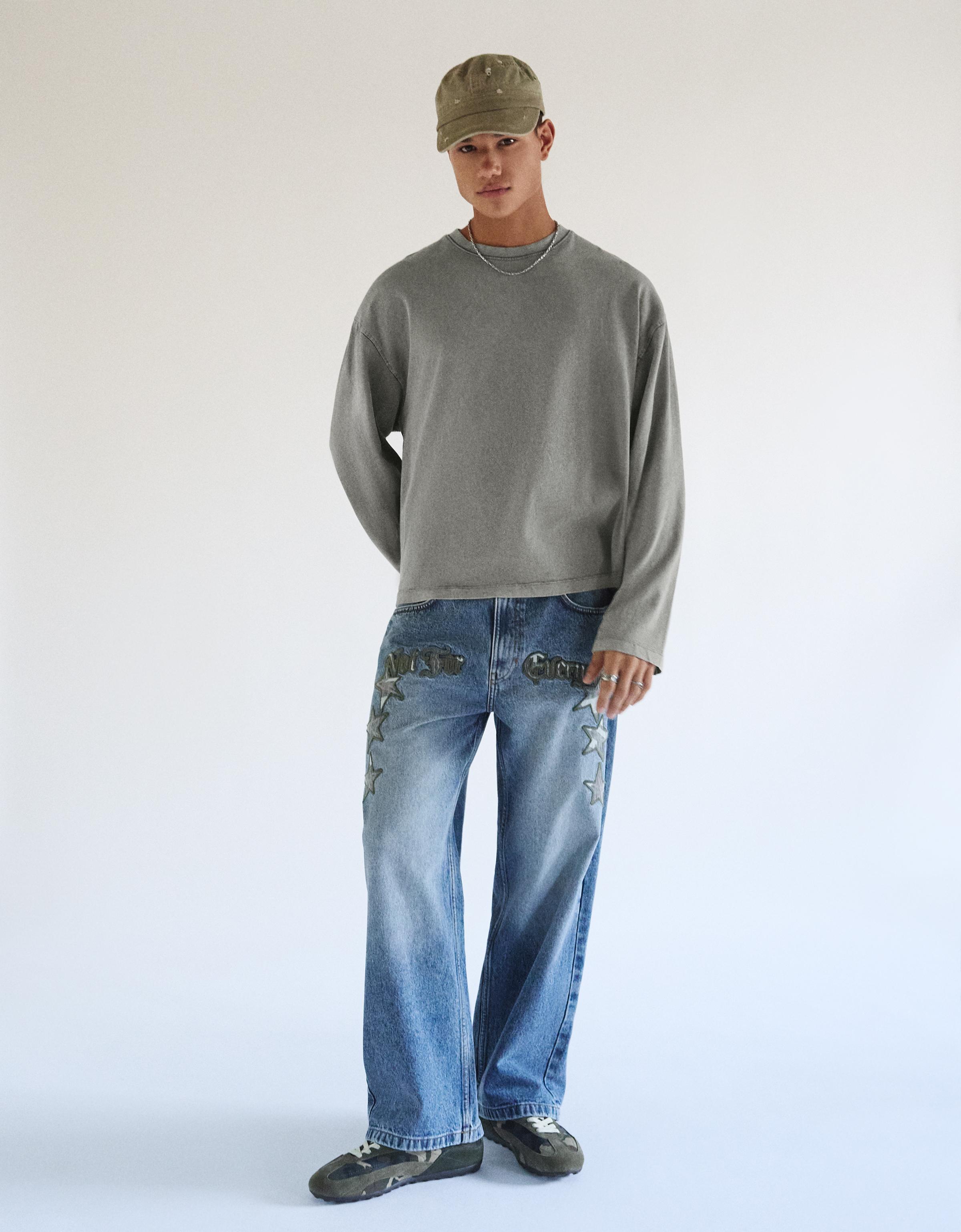 Bershka Boxy Long Sleeve Tee — Grey