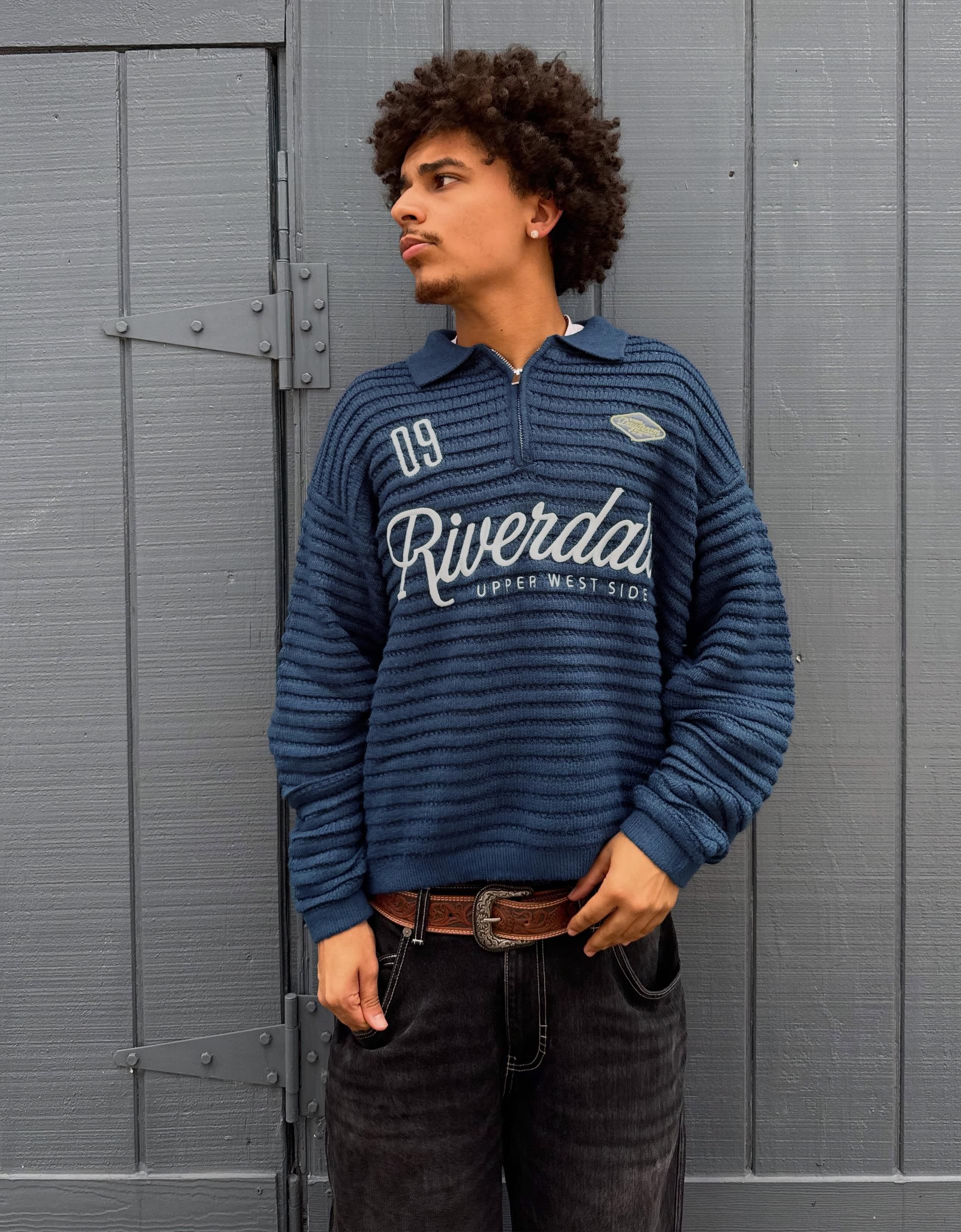 Bershka Printed Polo-Collar Sweater
