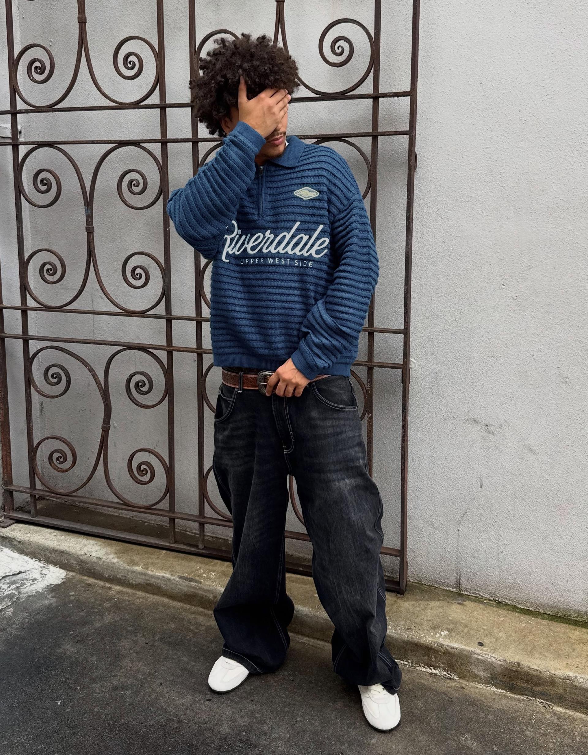Bershka Printed Polo-Collar Sweater