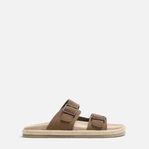 Suede Buckle Slides – Brown